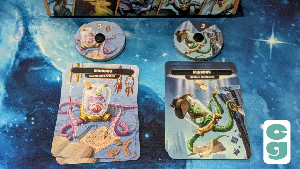 The Mindbug cards and life trackers from Mindbug: Beyond Eternity