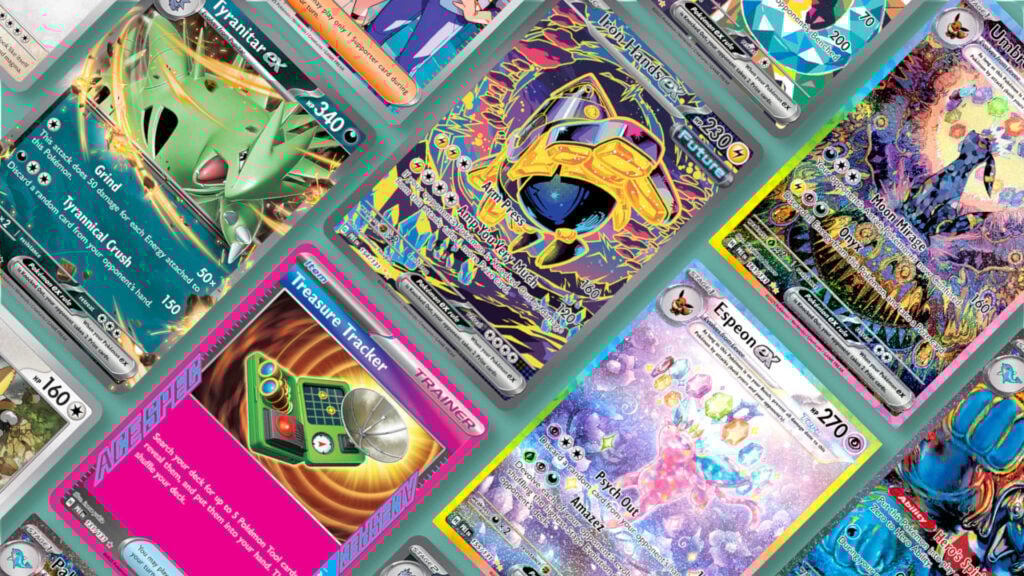 Cards from the Pokémon Prismatic Evolutions set arranged in a grid pattern