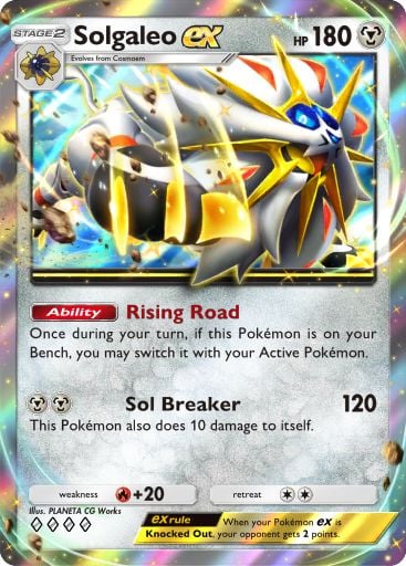 Solgaleo ex, a card from the new Celestial Guardians pack from Pokémon TCG Pocket. Illustrated by PLANETA CG Works.