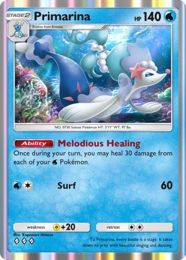 Primarina, a new card from PTCGP's Celestial Guardians set. Illustrated by Kagemaru Himeno.