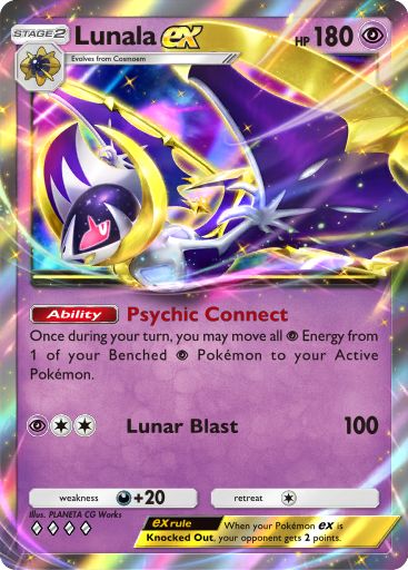 Lunala ex, a card from the new Celestial Guardians pack from Pokémon TCG Pocket. Illustrated by PLANETA CG Works.