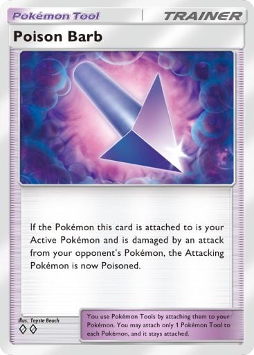 Poison Barb, a card from the new Celestial Guardians pack from Pokémon TCG Pocket. Illustrated by Toyste Beach.