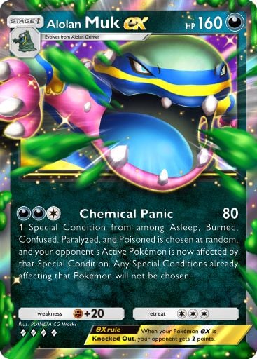 Alolan Muk ex, a card from Celestial Guardians, the third full set for Pokémon TCG Pocket. Illustrated by PLANETA CG Works.
