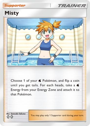 Misty, a card from Genetic Apex, the first set for Pokémon TCG Pocket. Illustrated by Sanosuke Sakuma.