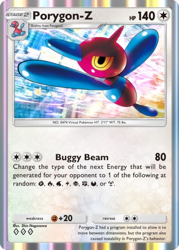 Porygon-Z, a card from Space-Time Smackdown, the second full set for Pokémon TCG Pocket. Illustrated by Shin Nagasawa.