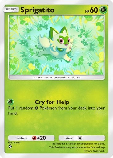 Sprigatito, a card from Shining Revelry, the third mini-set for Pokémon TCG Pocket. Illustrated by mashu.