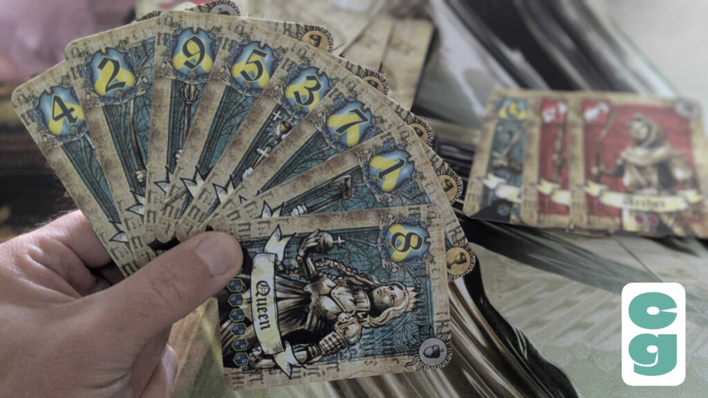 A full hand of Heraldry cards for the blue player