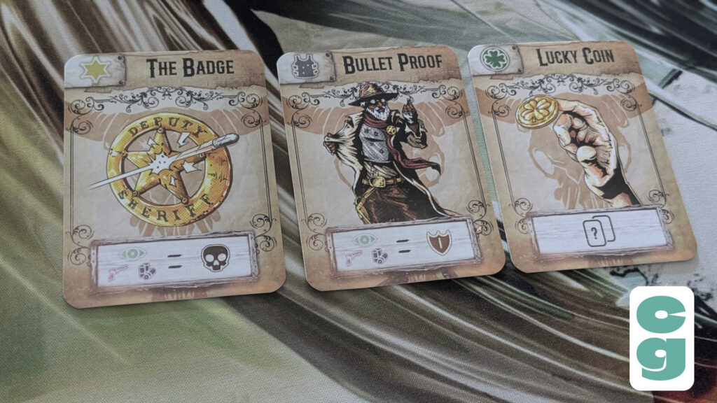 Three example cards from the Game Chest game, Showdown
