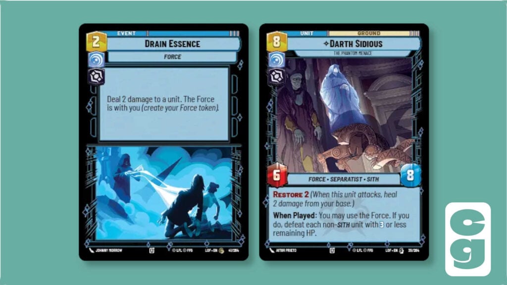 The Drain Essence and Darth Sidious cards from Star Wars Unlimited: Legends of the Force