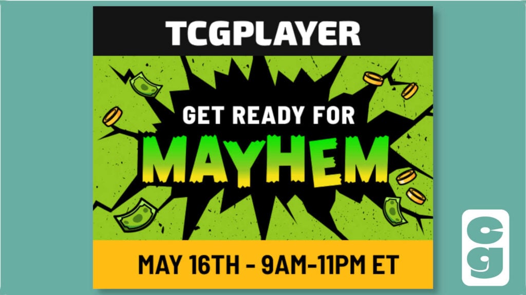 TCGplayer Mayhem promotion box on CG turquoise background